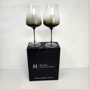 Hotel Collection Dark Stem White Wine Glasses Set/2 Delicate Stem Smoke Tint New